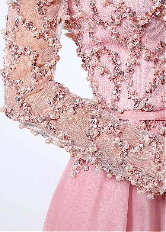 New 2017 Blushing Pink Sparkly Beaded A-line Chiffon Prom Dresses Long Sleeves Sheer Real Evening Gowns vestido de festa | Свадьбы и