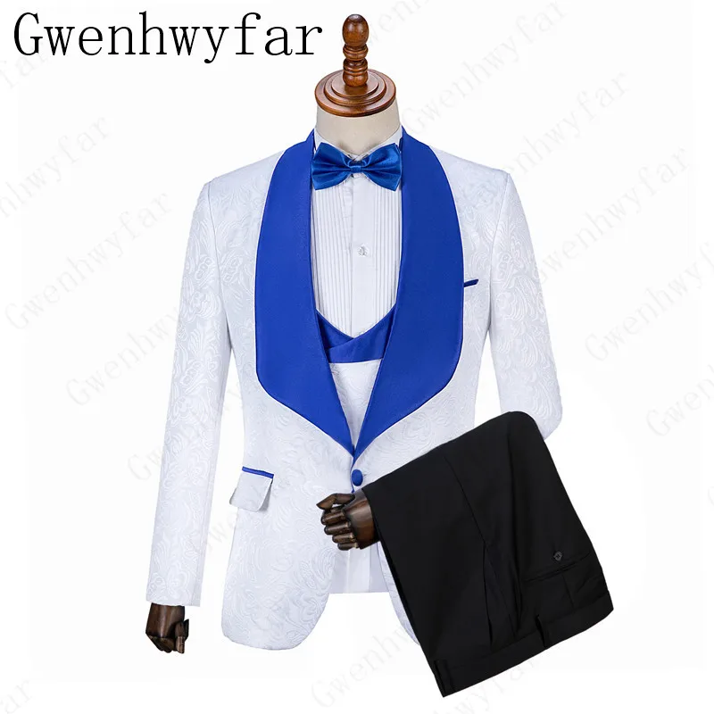 Новинка 2019 модный белый и синий смокинг жениха костюмы для с отложным воротником