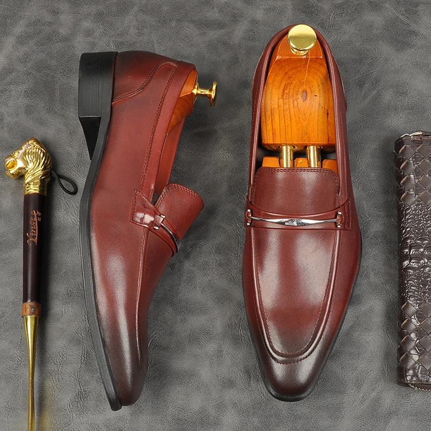 

Luxury Brand Genuine Leather Formal Dress Men's Moccasin Shoes Italian Pointed Toe Slip on Metal Trim Casual Loafers AM283