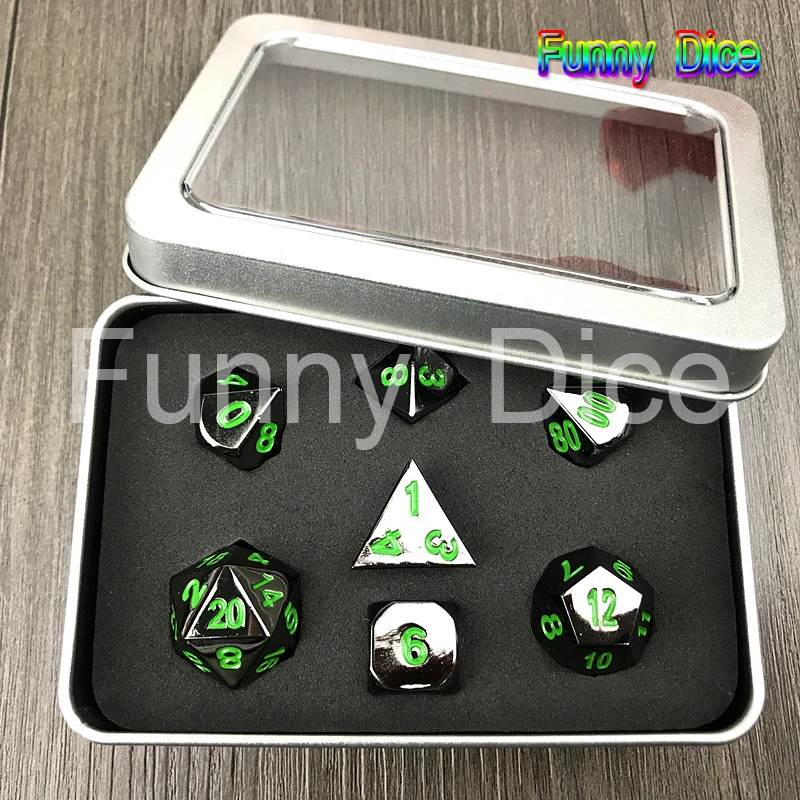 Горячие игральные кости DND, набор D4 D6 D8 D10 D% D12 D20 набор Металлических Кубиков с красными, зелеными цифровыми плюс металлическими коробками, для забавной игры семьи/друзей