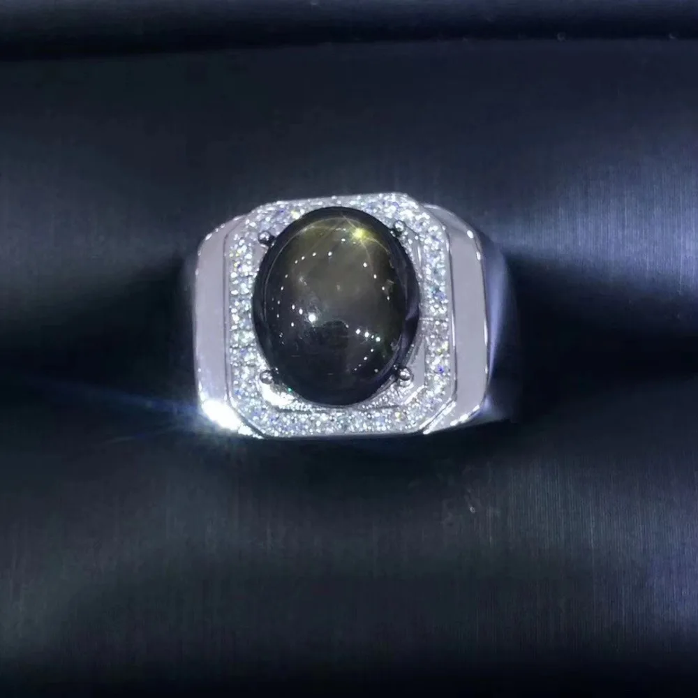 Роскошное тяжелое широкое кольцо с натуральным черным сапфиром и звездным