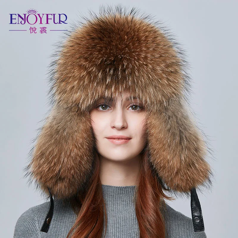ENJOYFUR натуральный Лисий мех шапка с наушниками толстые теплые зимние шапки для женщин русские шапки-бомберы из натуральной кожи шапки-ушанки - Цвет: H001