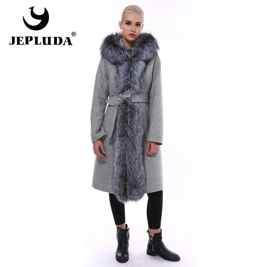 Женское кашемировое пальто JEPLUDA с капюшоном и натуральным лисьим мехом зимняя