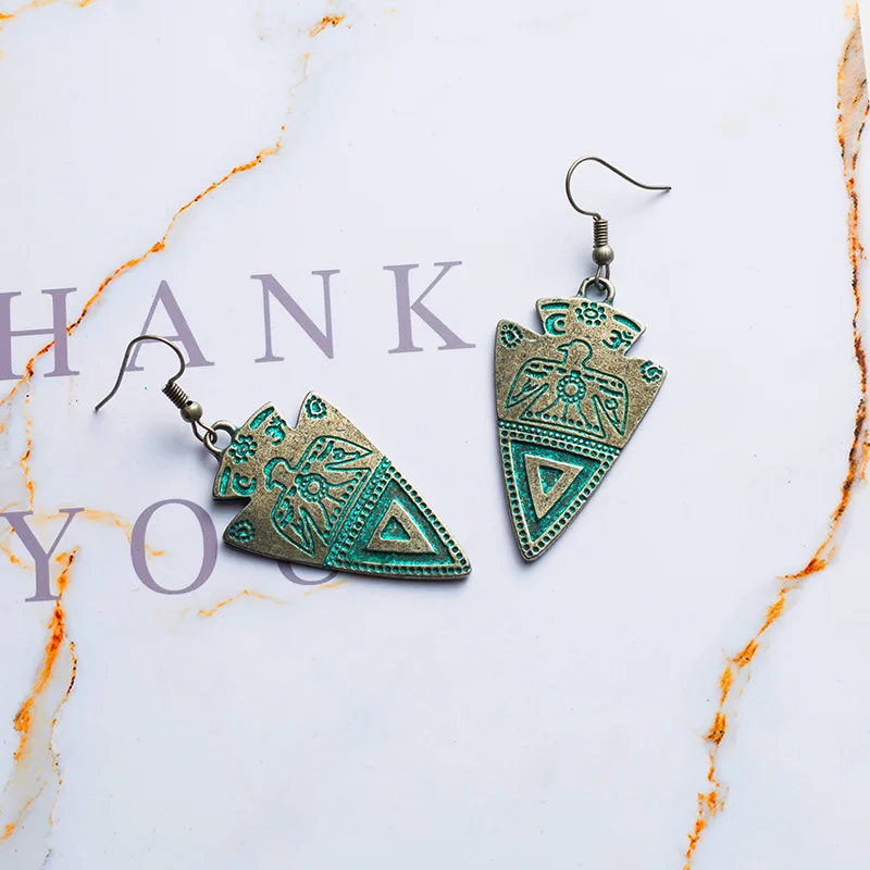 QIANKE Vintage Big Alloy Drop Earrings for Women Long Boho Ethnic Green Triangle Bronze Dangle Earring Fashion Jewelry Wholesale | Украшения