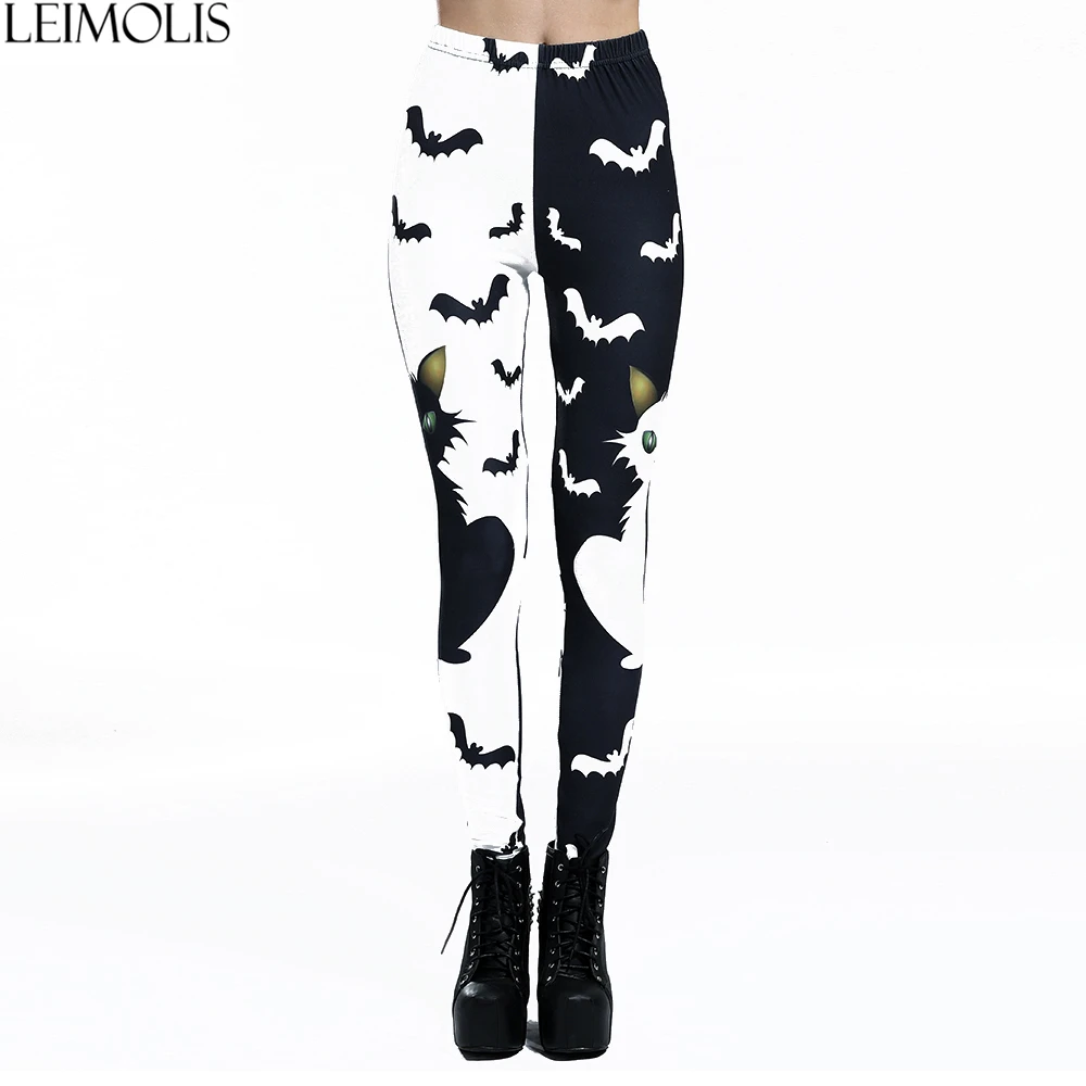 Женские леггинсы для фитнеса LEIMOLIS черно белая готика с 3D принтом кошки летучей
