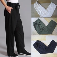 100 cotton chinese traditional mens kung fu pants wu shu tai chi elastic waist loose long trousers s m l xl xxl xxxl cb0416