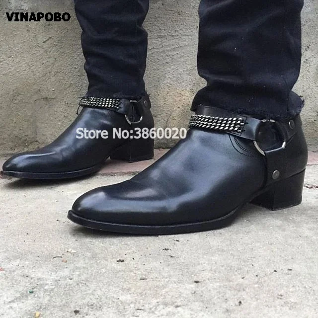 VINAPOBO/; черные мужские ботинки «Челси» из натуральной кожи на плоской подошве с ремешком и пряжкой и цепочкой; ботильоны с эластичными лентами; Роскошная Брендовая обувь