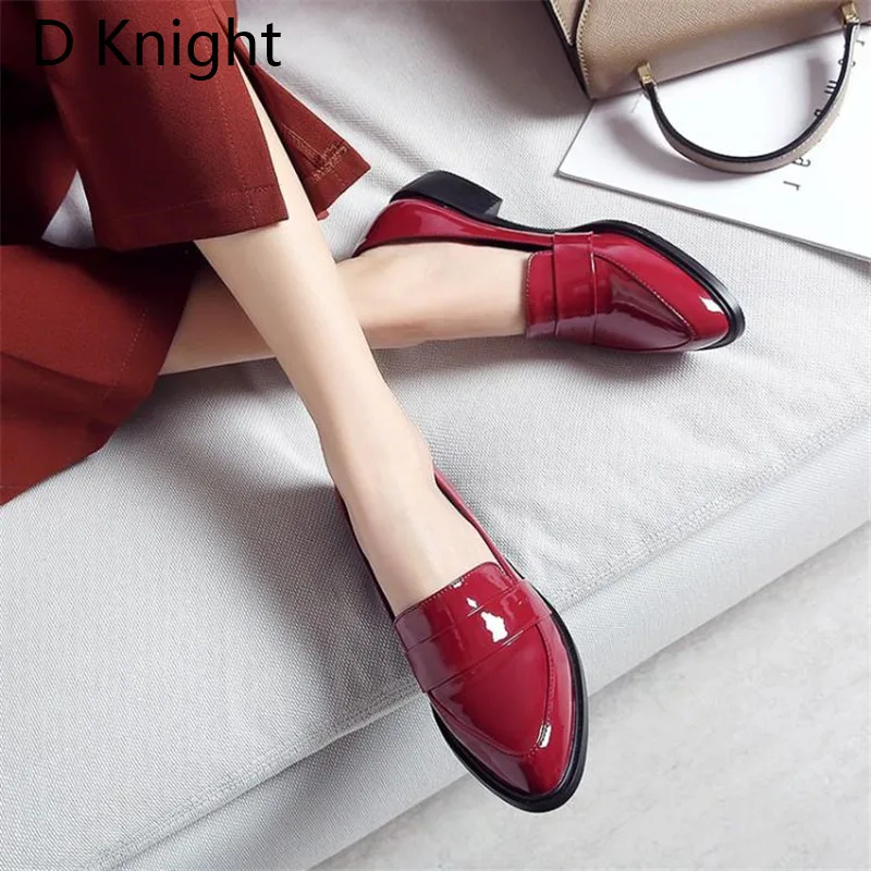 

Patent Leather Women Shoes Big Size 32-43 Woman Oxfords Leisure Low Heels Female Loafers Pointed Toe Slip On Casual Shoes Black