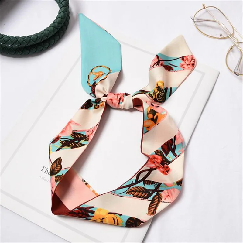 New Women Skinny Scarf Faux Silk Wrap Chain Floral Patchwork Print Bag Handle Ribbons Head Tie Band Neckerchief Scarves |