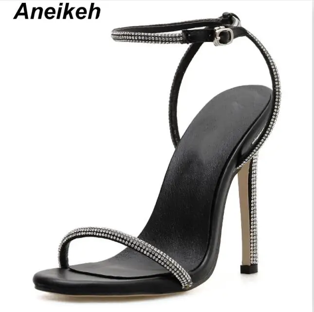 Black Aneikeh/; выразительные однотонные босоножки из искусственной кожи; женские повседневные туфли на тонком высоком каблуке с круглым носком и пряжкой; цвет черный, абрикосовый; Размеры 35-40 - Цвет: Black