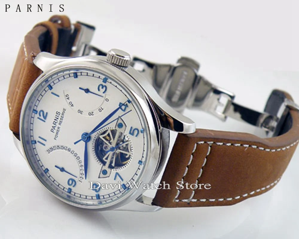 43 мм Parnis роскошный резерв энергии хронометр часовой стальной Чехол Мужские часы