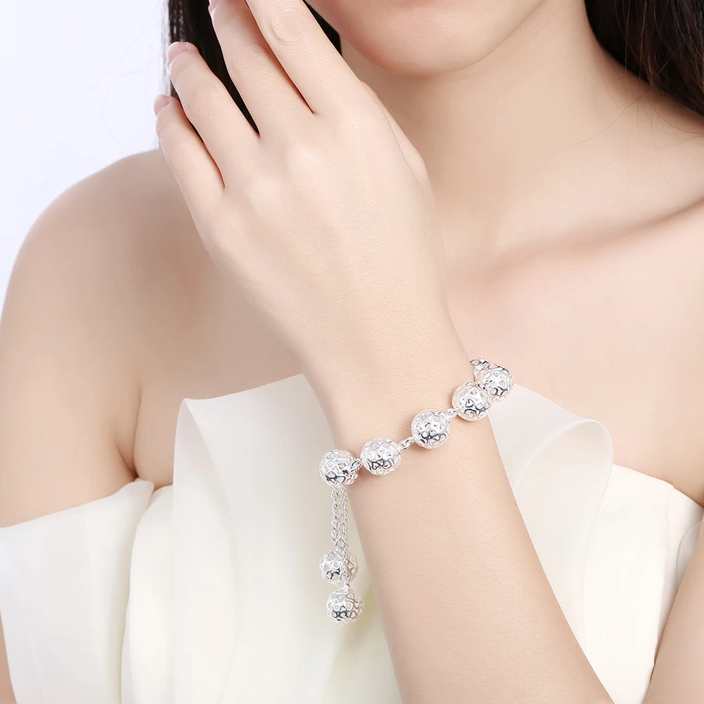 

2017 New Charm Bracelets & Bangles Silver Color Fashion Chain With Hollow Heart Ball Beads Wedding Jewelry For Women