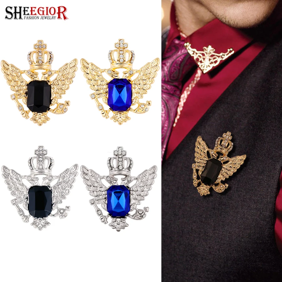 

Lovely Crystal Crown Brooch Pins Men Badge Cross Wing Medal Blue Black Rhinestone Brooches for Women Accessories Friendship Gift