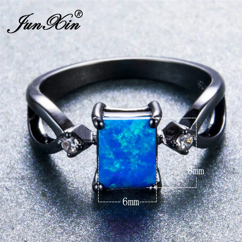 

JUNXIN New Fashion Mystic Ocean Blue/White Fire Opal Rings For Women High Quality Black Gold Filled Zircon Rainbow Ring RB1365