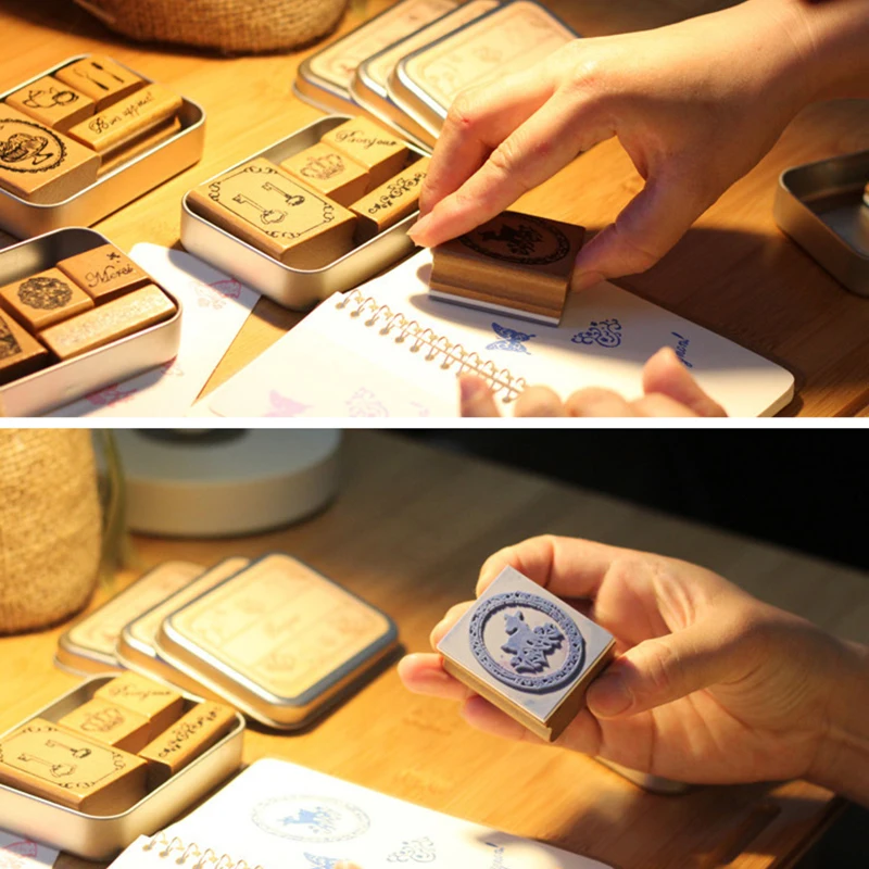 ZQSPFAFA Iron Box Retro Stamp Geometric Wooden Rubber Set 2017 Fashion Brand DIY Scrapbook Decorations Girls Handicrafts | Канцтовары