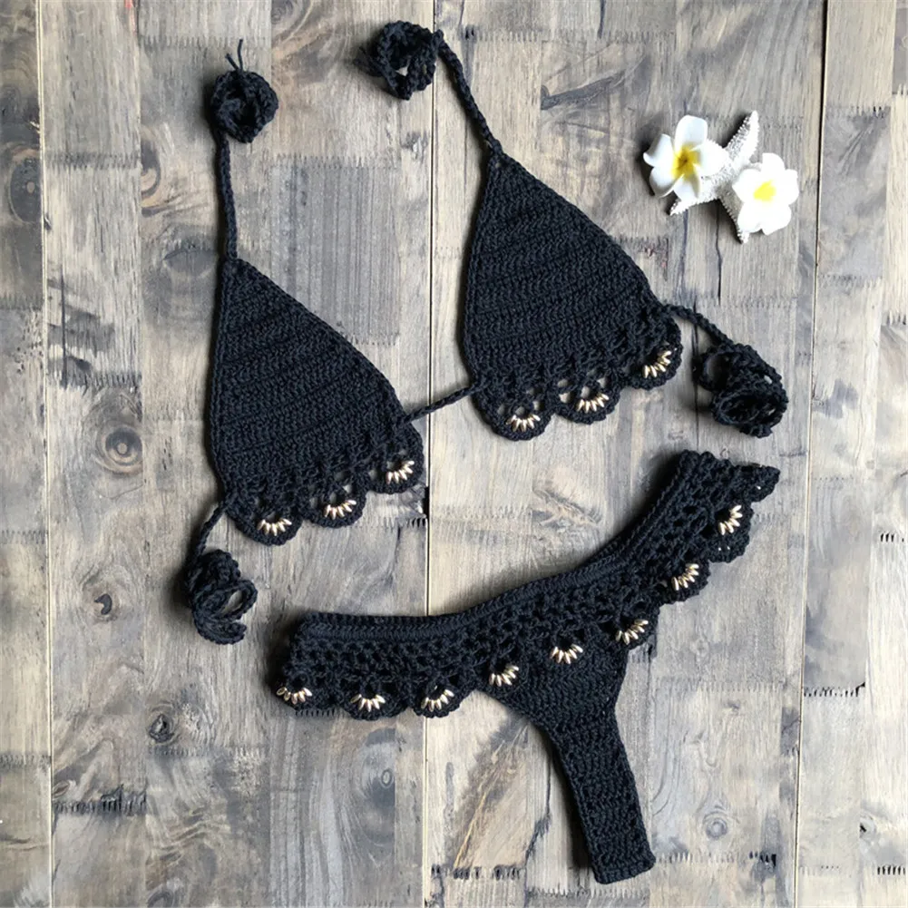 Women Push-up Strappy Knit Crochet Padded Bra Bandage Bikini Set Swimsuit Triangle Thong Bottoms Swimwear Summer Bathing