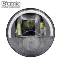 BJMOTO 7" Inch Round H4 H13 Motorcycle Headlight with DRL LED Projector Off Road Bulb Headlamp For Harley Softail Touring Trike