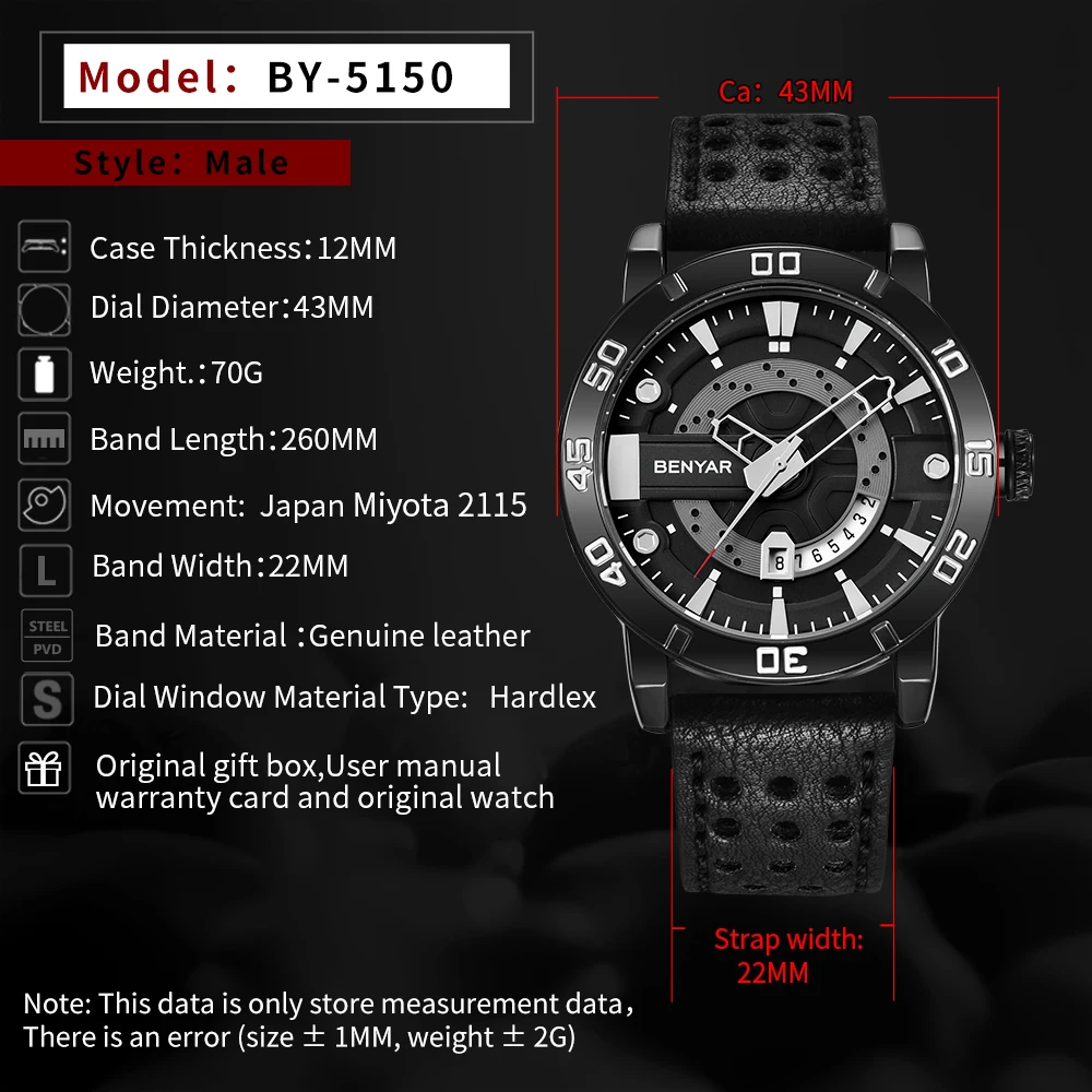 Мужские кварцевые часы Benyar водонепроницаемые с кожаным ремешком в стиле