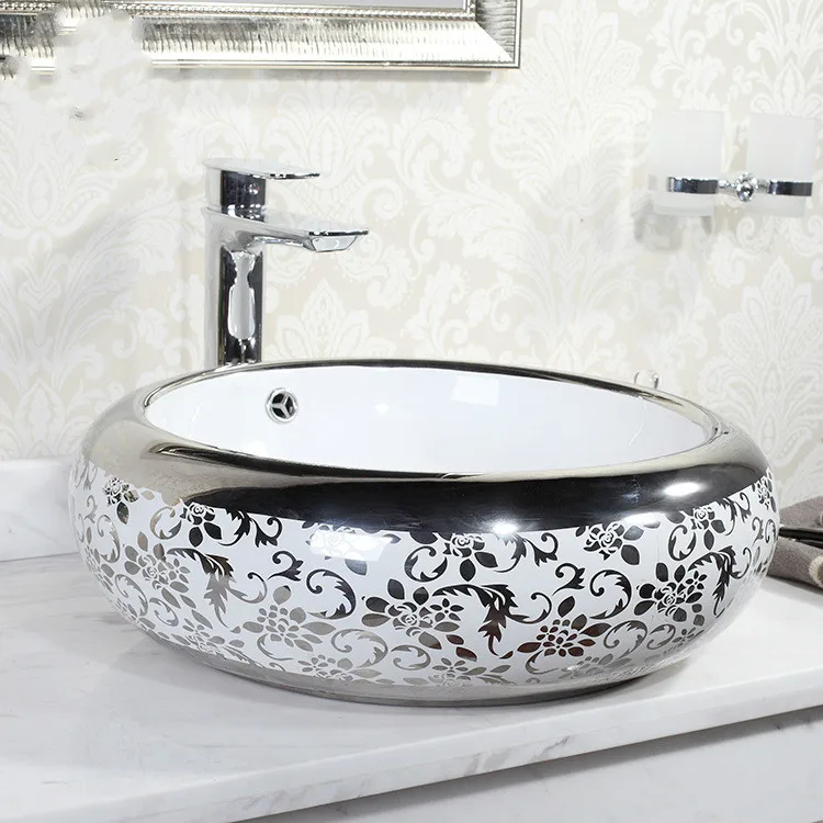 

China Artistic Procelain Handmade Europe Vintage Lavabo Washbasin Ceramic Bathroom Sink Counter Top custom wash basin silver