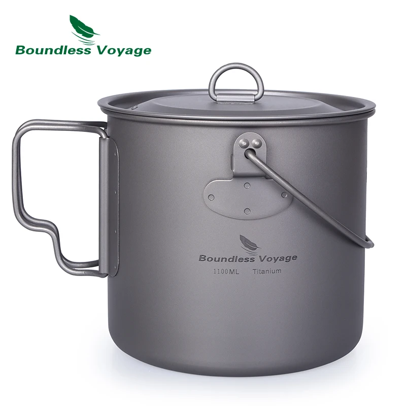 

Boundless Voyage Camping Titanium Hanging Pot with Lid Folding Handle Outdoor Hiking Picnic Ultralight Cup Mug