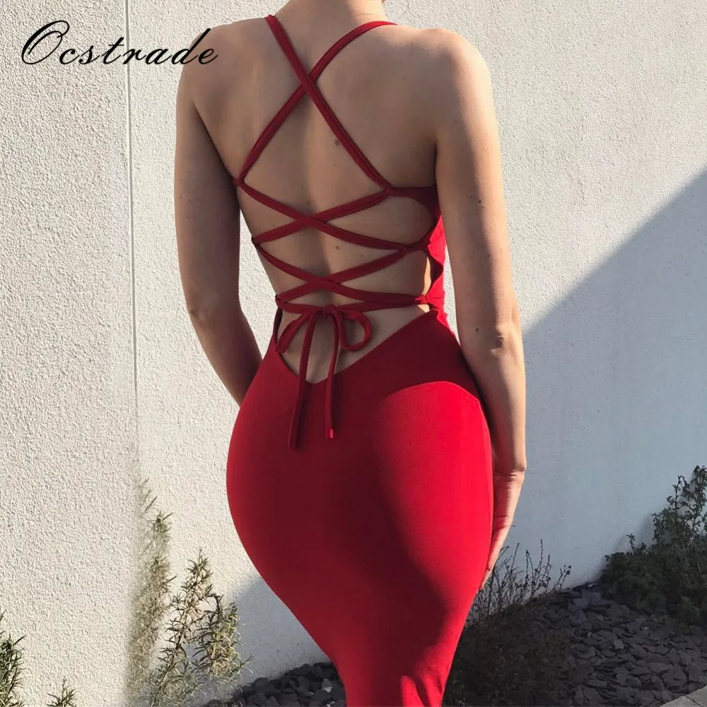 Ocstrade летнее сексуальное вечернее платье с открытой спиной красное Бандажное 2017
