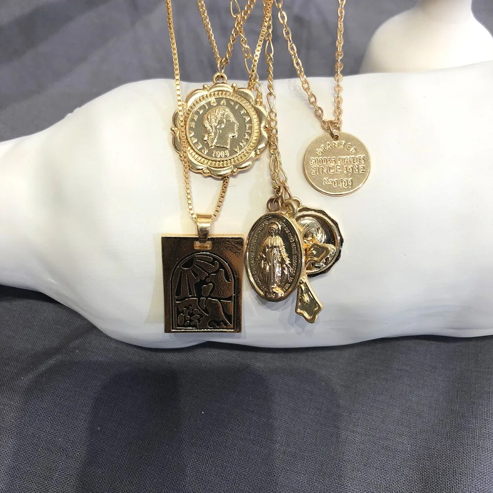 SHIXIN Boho 4 многослойное ожерелье-чокер для женщин разделяемая Длинная цепочка крест Руна девственница Мэри кулон модное ювелирное изделие для женщин
