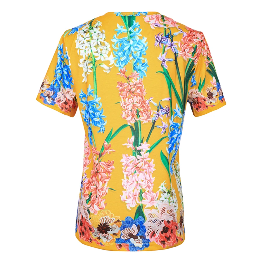 Wholesale Women's Tops Summer Fashion Runway New Yellow Orchids Printed Beaded Crystal Designer T-Shirts Casual Tshirt | Женская