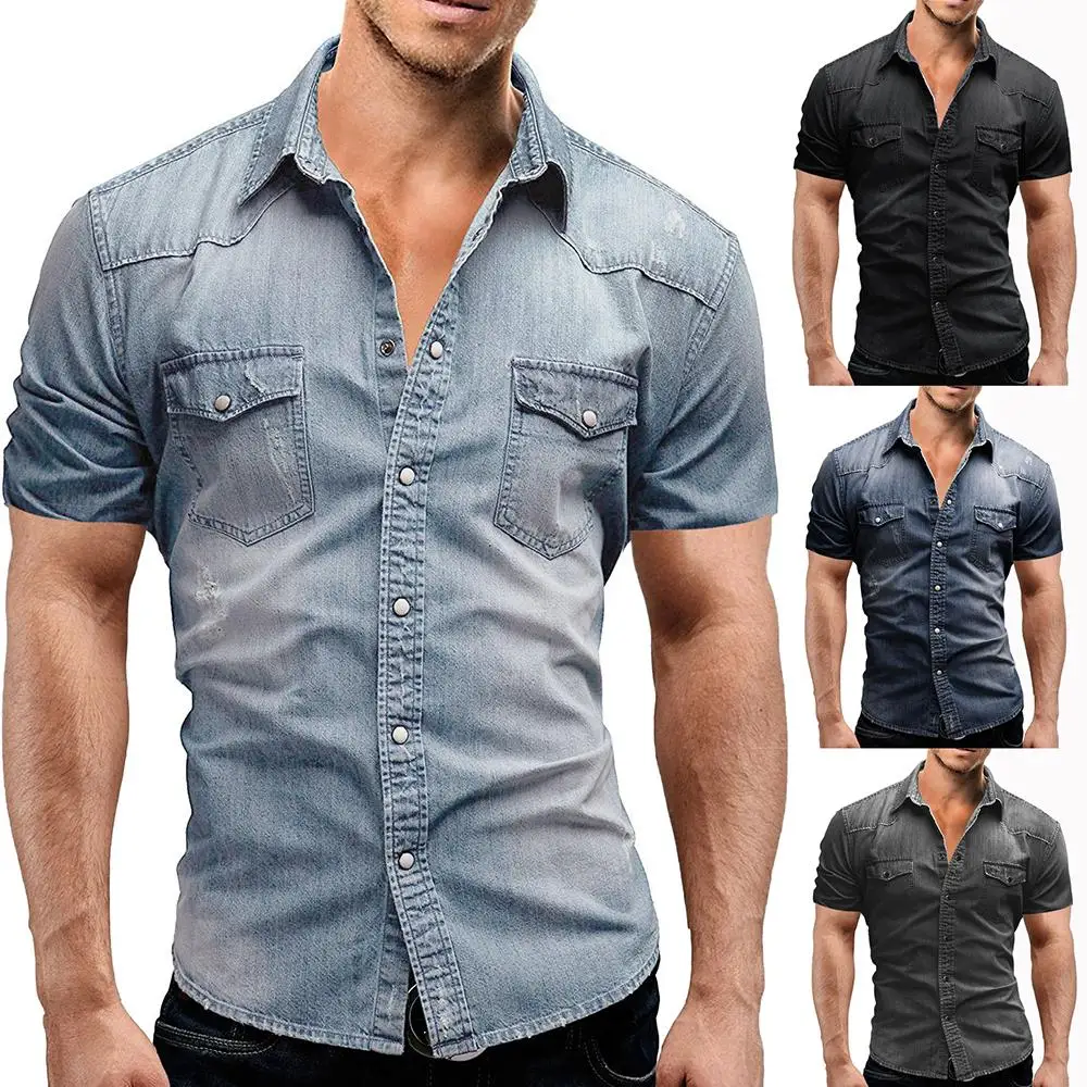 Jeans Men Shirts Casual Denim Shirt for Short sleeve Dress Blouse Slim fit Blue Gray | Мужская одежда
