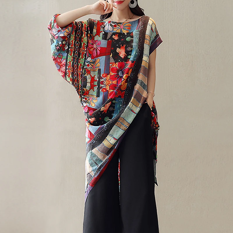 

Bohemian Women Summer Short Sleeve Blouse Irregular Ethnic Floral Printed Party Shirt Loose Top Long Blusas Vestido