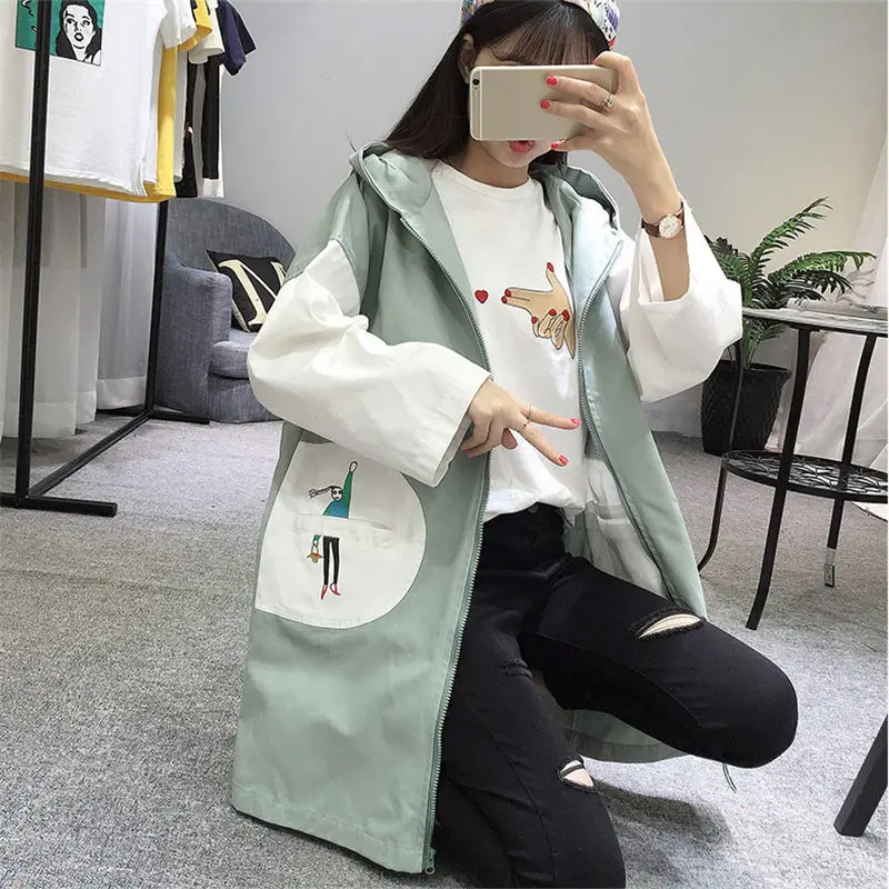 Женское пальто с мультяшным принтом Свободная Повседневная ветровка капюшоном в