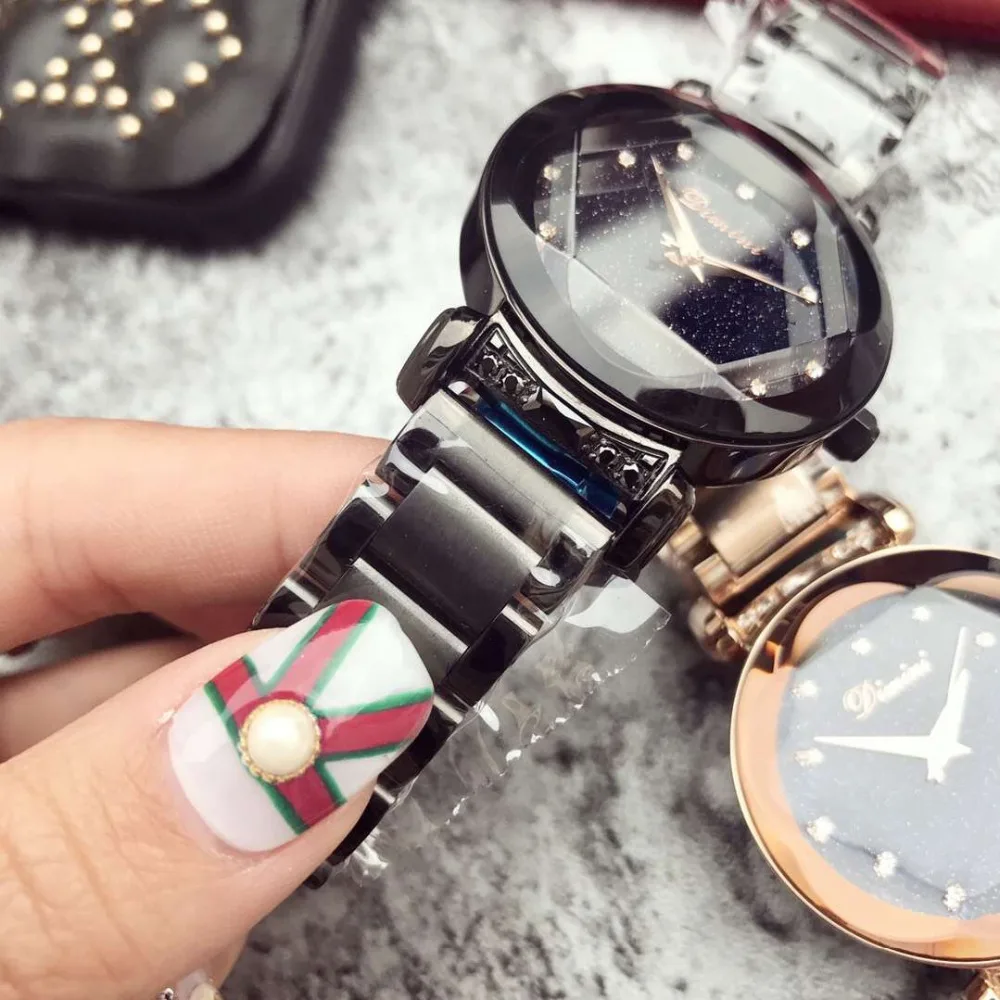 Крутые полностью черные женские часы романтичные из закаленного стекла с