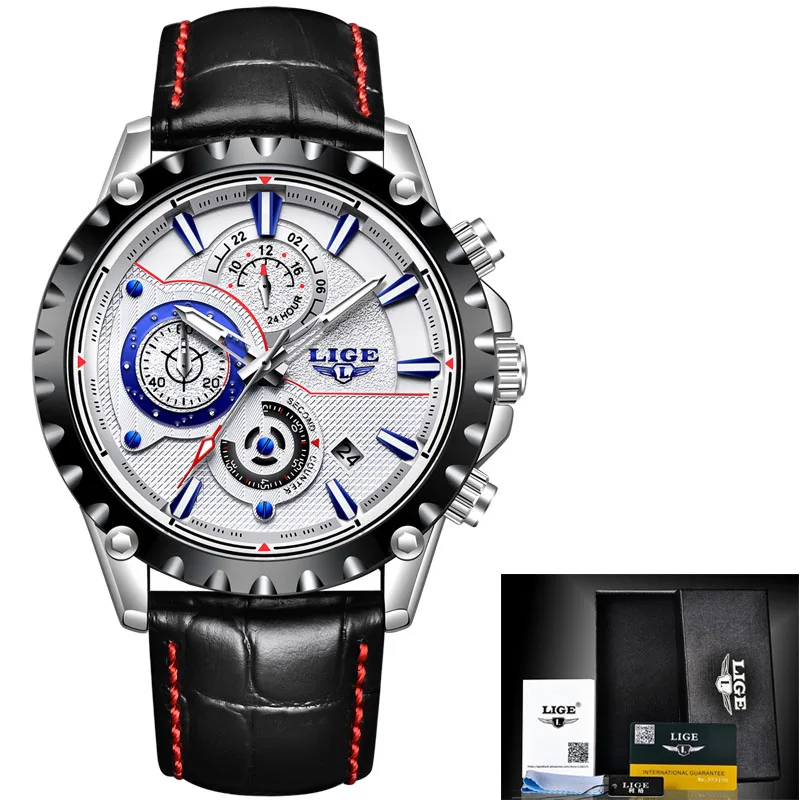 silver blue leather Relogio Masculino LIGE мужские s часы лучший бренд класса люкс кварцевые золотые часы мужские повседневные кожаные военные водонепроницаемые спортивные наручные часы - Цвет: silver blue leather