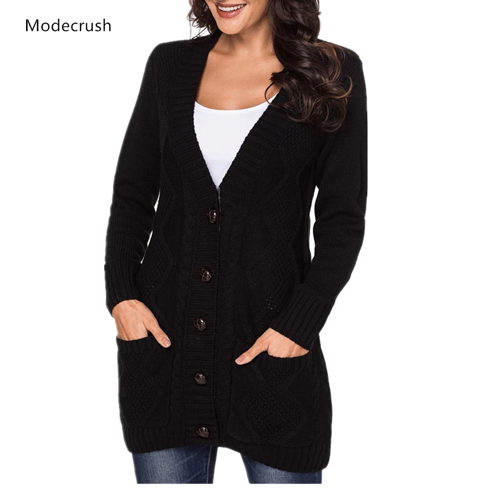 Modecrush Женские однотонные свитер пальто однобортный двойной карман джемпер