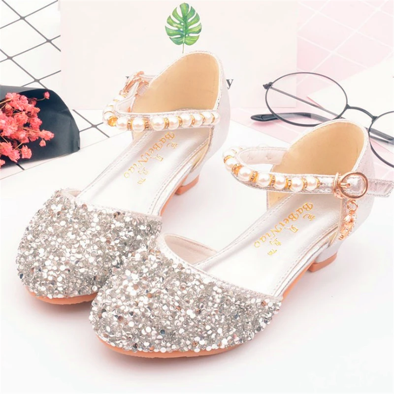 Spring Autumn New Children Leather Shoes Casual Girls Princess Small high-heeled Party Fashion Sequins Pearl Kids |