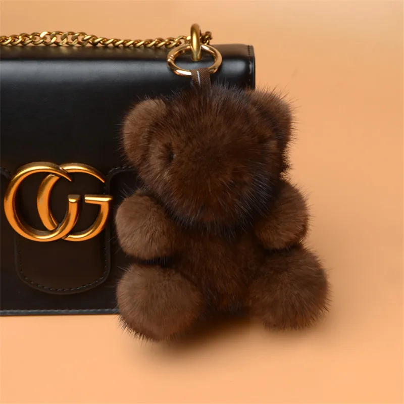 JKP натуральный норковый коричневый кожаный брелок с медведем ручной работы из