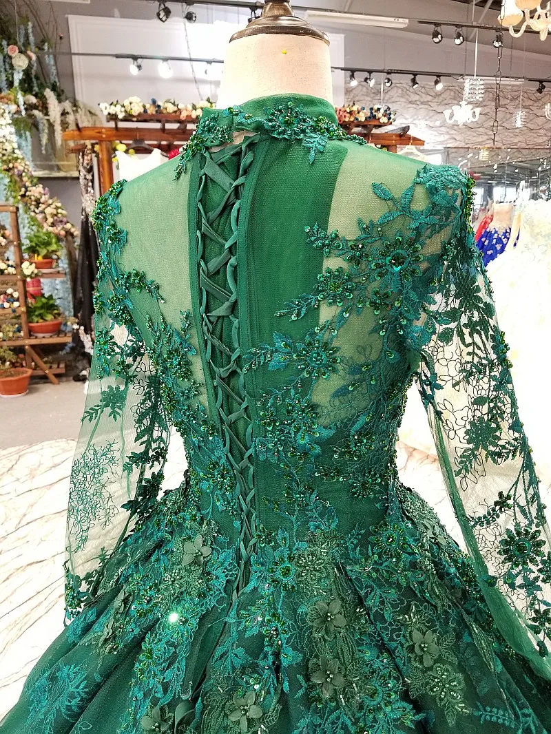 Emerald Green Crystal Sequins Evening Dresses 2017 Modest Illusion Long Sleeve Arabic Dubai Prom Dress Formal Gown