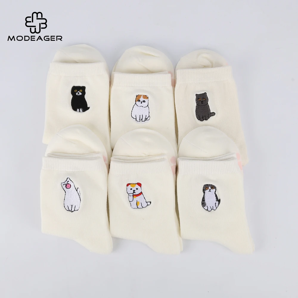 Modeager корейские японские кавайные забавные женские носки с вышивкой белого кота