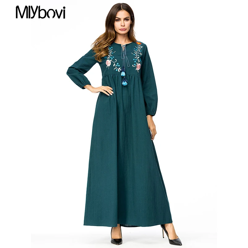 Casual Maxi Dress Green Embroidered 4XL Long Sleeve Moroccan Kaftan Dubai Abaya Islam Turkish Caftan Islamic Clothing Plus|Женские
