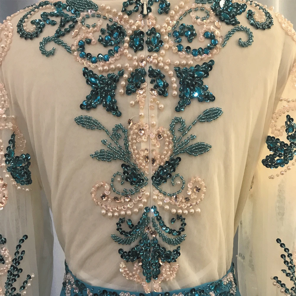 real prom dresses 2020 crew neckline beaded beading crystal long sleeve chiffon turqurise blue evening dresses