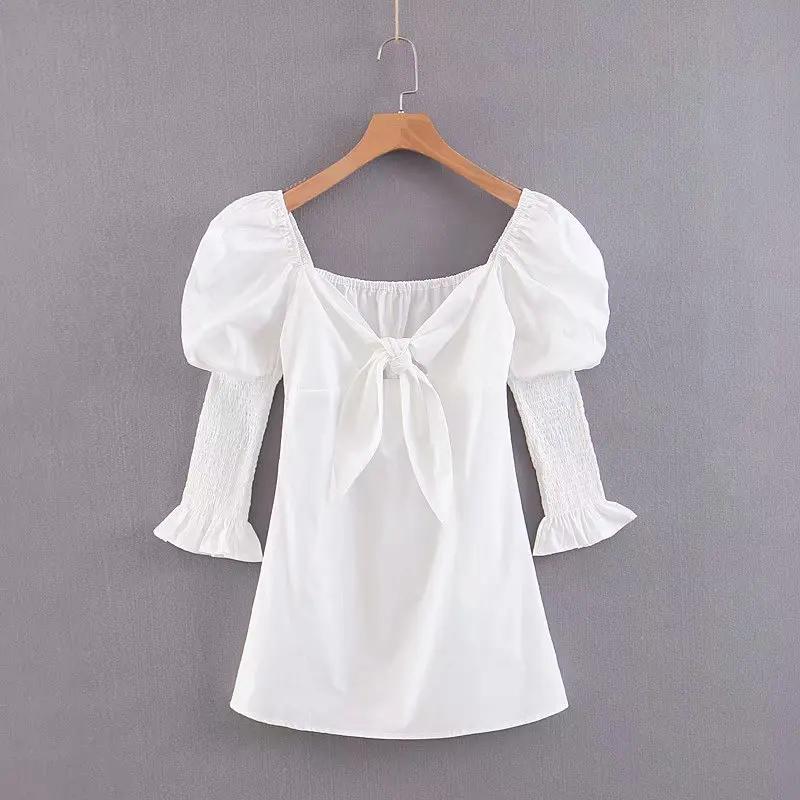 Шикарный белый Пышный рукав бант галстук Мини платье элегантные женские