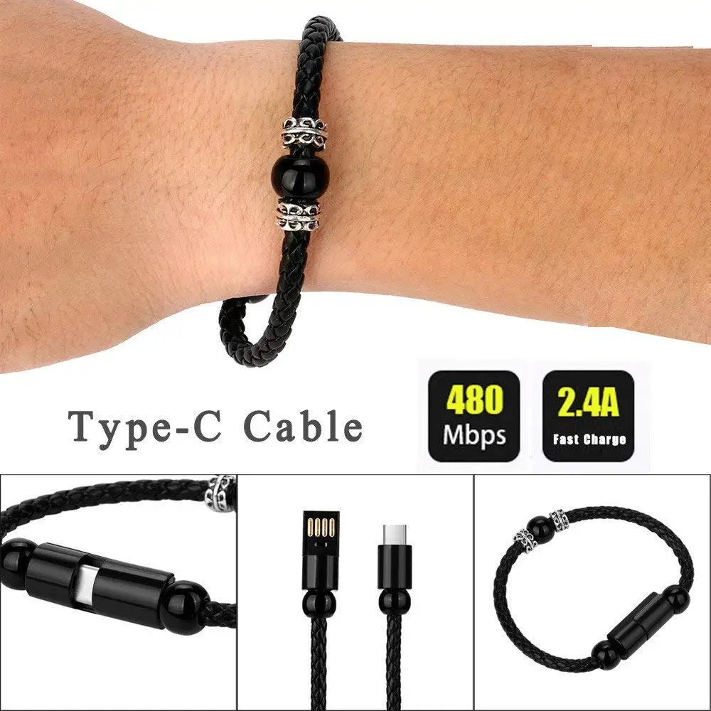 Кожаный браслет Type C зарядный кабель плетеный с usb кабелем для зарядки и