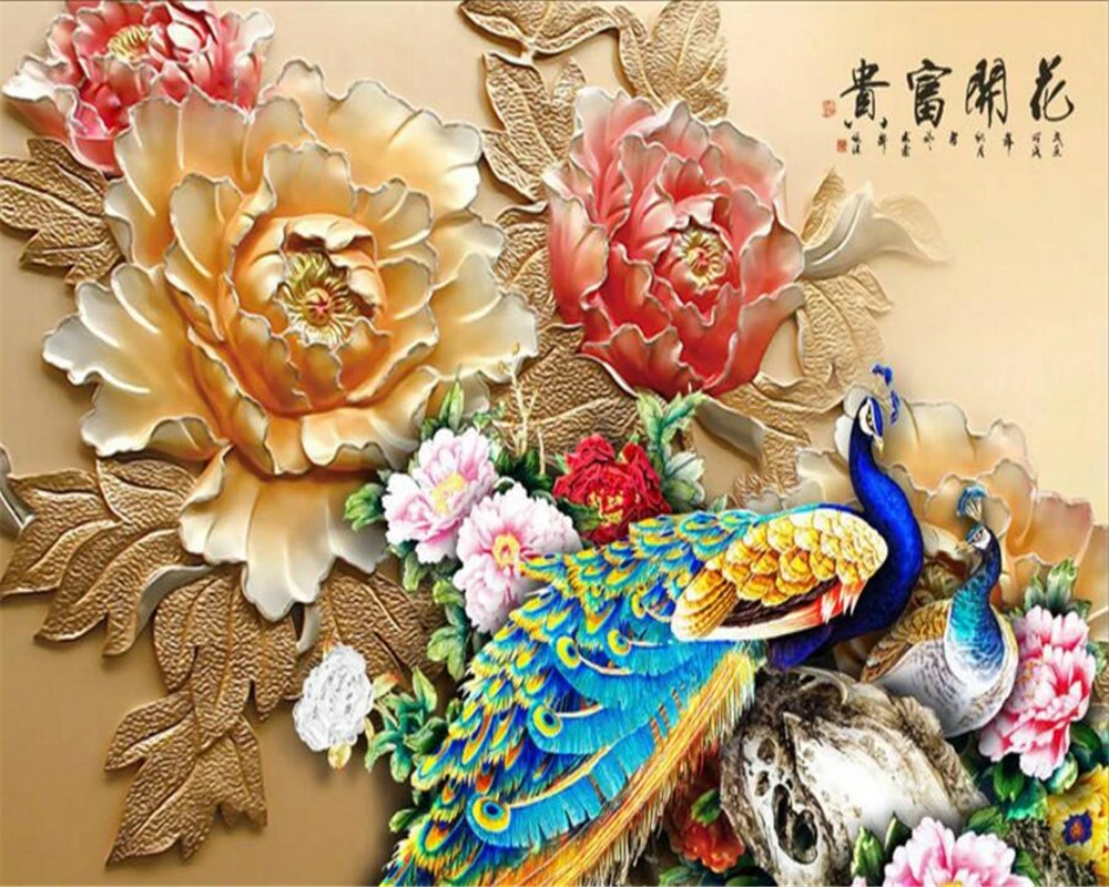 Фотообои Beibehang с тиснеными цветами и павлином современные домашние 3D обои на
