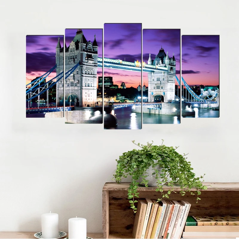 City night scene realist canvas painting classical art prints 5 psc modern wall picture for living room bedroom restaurant hotel | Дом и сад