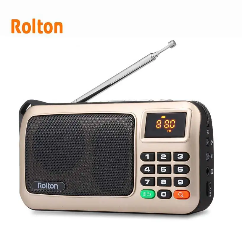 Rolton Mni FM портативный радио динамик Mp3 музыкальный плеер TF карта USB для ПК iPod Телефон с светодиодный дисплей и фонарик лампа проверки - Цвет: Gold