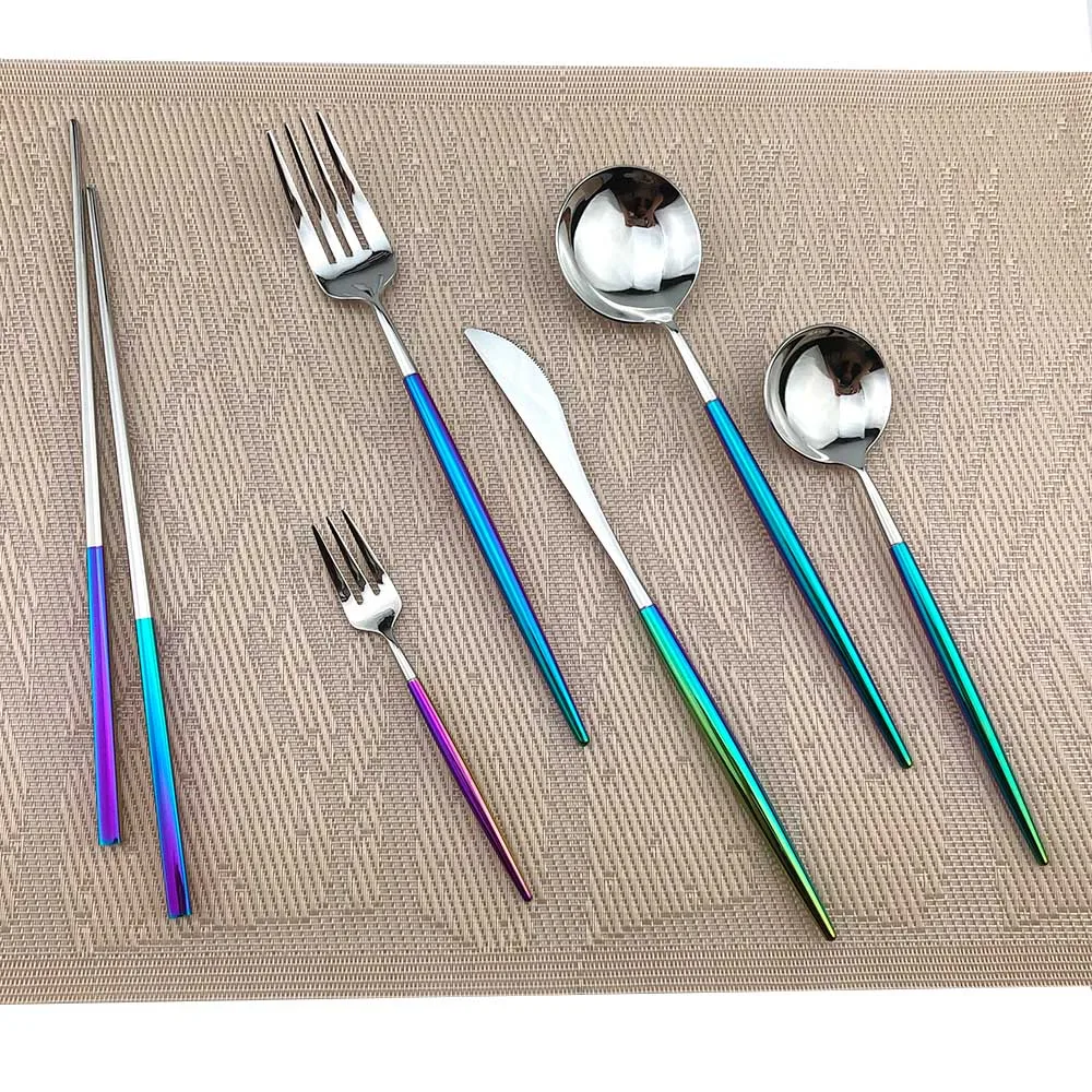 Dazzle Colorful 18/10 Stainless Steel Dinnerware Luxury Korea Food Knife Scoop Fork Set Silver Rainbow Tableware Cutlery set | Дом и сад