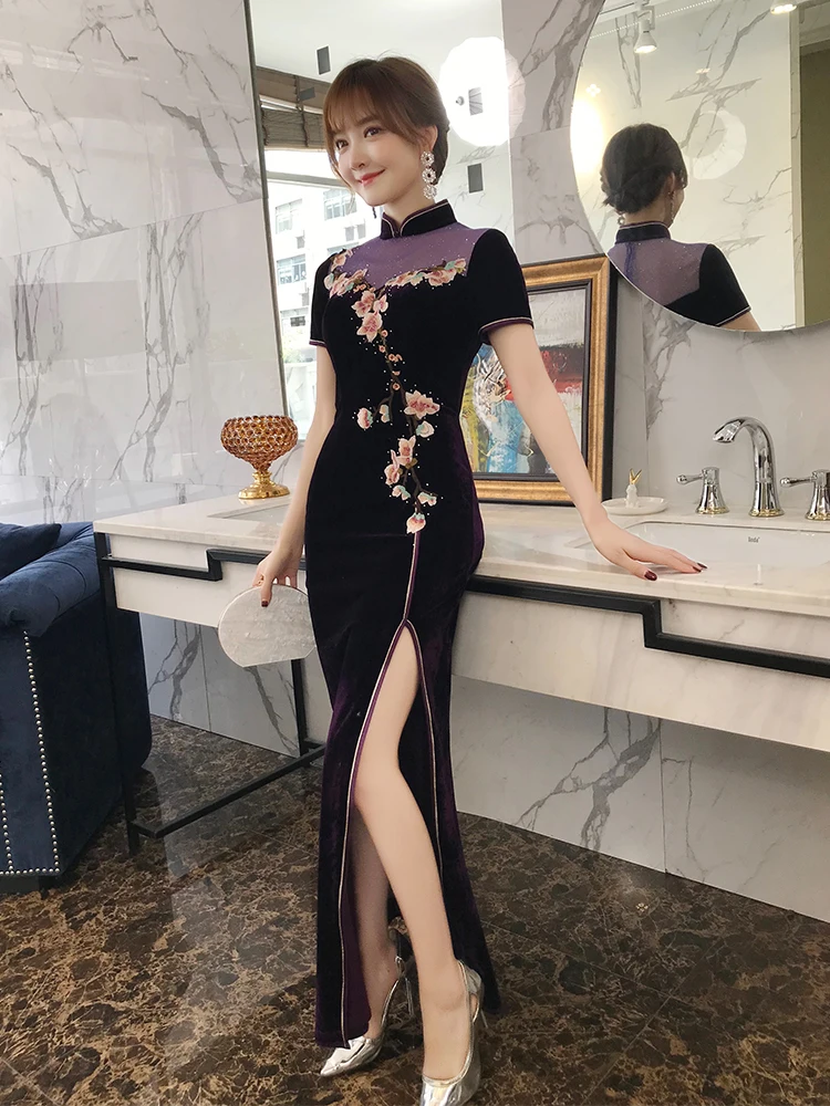 

Long Embroidered Temperament Qipao Cheongsam Women Modern Chinese Dress Adult Traditional Chinese Clothing Ladies Dress PY036