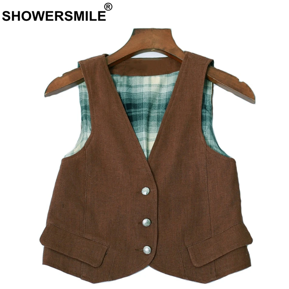 Brown Vest SHOWERSMILE, винтажный льняной жилет, Женский коричневый жилет, короткие куртки, женский, лето, Осень, приталенный, английский стиль, без рукавов, жилет - Цвет: Brown Vest