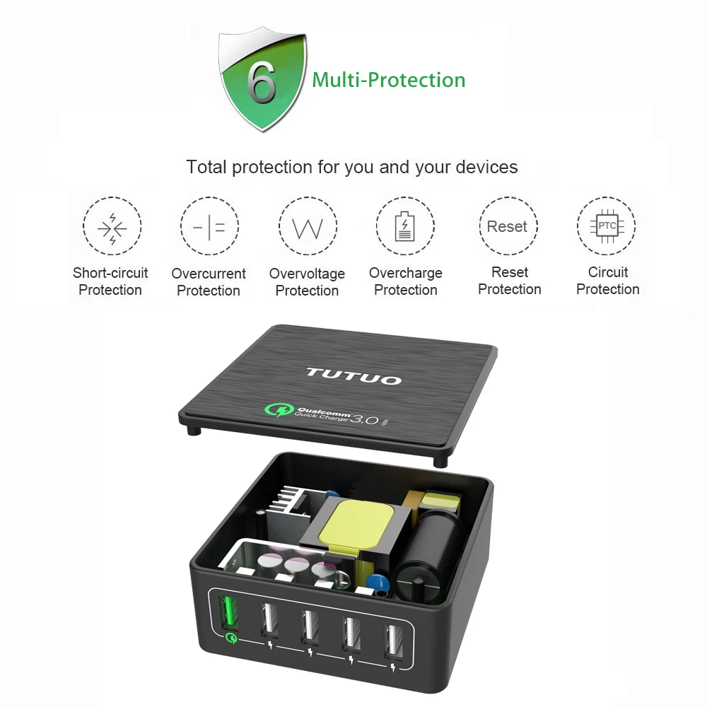 TUTUO Quick Charge 3 0 мобильный телефон зарядное устройство с 5 портами быстрая зарядка USB