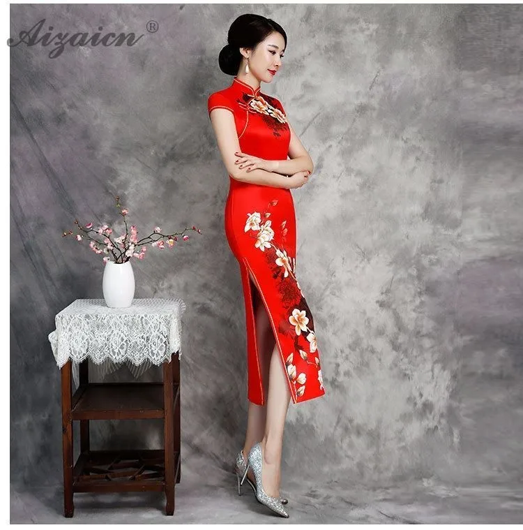 Женское китайское традиционное платье Ципао с принтом Cheongsam размера плюс, длинные платья Qi Pao, новинка, зеленое элегантное ретро платье