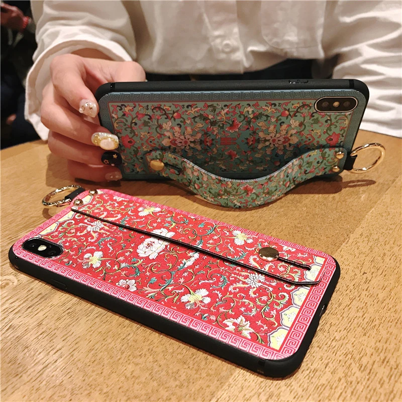 Чехол для телефона iphone XSMAX X XR XS в китайском стиле, Чонсам с цветами, ремешок на запястье, подставка из мягкого ТПУ чехол для iphone 6 6 S 7 8 Plus